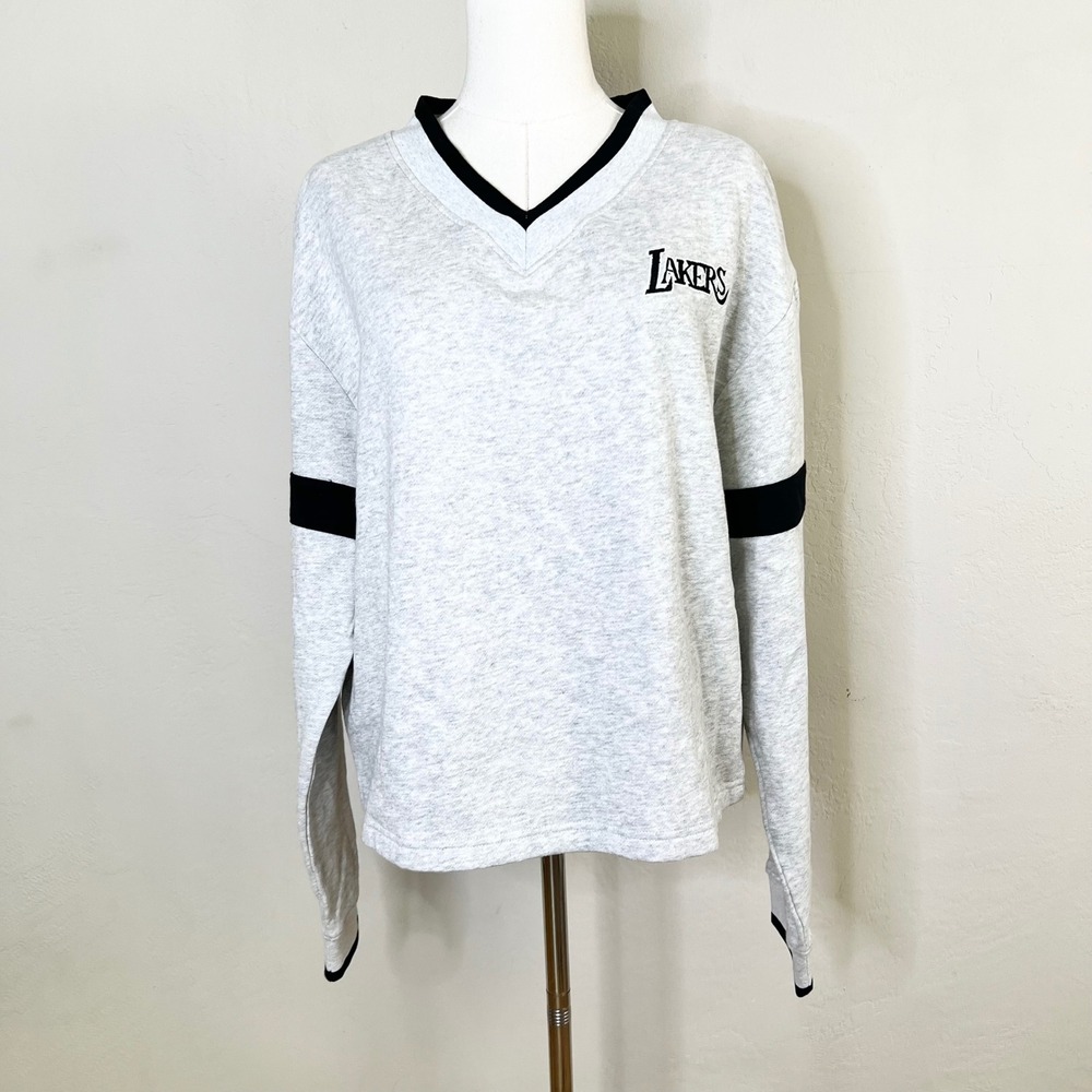 LA Lakers Mitchell & Ness Sweatshirt NBA V-Neck Cropped Womens XL Gray NEW